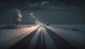 Snowy winter road at night with cars and lanterns, Poland. Royalty Free Stock Photo