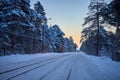 Snowy winter road surrounded by pine trees on sunrise. Royalty Free Stock Photo