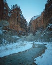 Snowy winter scene along the Virgin River on the Riverside Walk trail, Utah Royalty Free Stock Photo