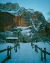 Snowy winter scene along the Virgin River on the Riverside Walk trail, Utah Royalty Free Stock Photo