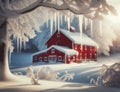 Snowy winter scene with red barn and icicles Royalty Free Stock Photo