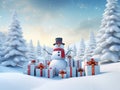 Snowy Winter Scene with Snowman, Gifts, and Trees