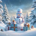 Snowy Winter Scene with Snowman, Gifts, and Trees,