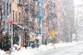 Snowy winter scene on 12th Street during a snowstorm in the East Village of New York City