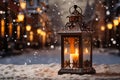 Snowy Winter Street Candlelight Lantern Decoration with Falling Snowflakes Royalty Free Stock Photo