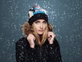 Snowy winter style girl. fashion beautiful young woman in hat Royalty Free Stock Photo