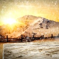 Snowy winter sunshine mountains landscape with white wooden board top for products and decorations. Royalty Free Stock Photo