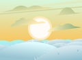 Snowy winter view. Hilly plain with snowdrifts. Landscape white winter. View of nature relief. Cartoon fun style. Flat