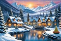 snowy winter village during Christmas, quaint cottages capped with fresh snowfall, twinkling festive charm