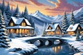 snowy winter village during Christmas, quaint cottages capped with fresh snowfall, twinkling festive charm