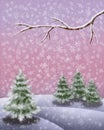 Snowy winterlandscape with fire trees a branch and snow flakes vertical image