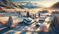 Snowy Wintertime Landscape Sunrise Country Road Farming Buildings Rural Homes AI Generate