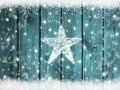 Snowy wood background with snowflakes and snow star for christmas and winter Royalty Free Stock Photo