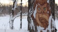 a snowy wood carved owl on a tree trunk with trees behind it