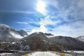 The leaves of the trees fell on the mountain. It snowed in the mountains . Bash Dashagil village of Oguz region . Blue sky . Snowy