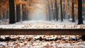 Snowy wooden table with falling snow and vibrant fall foliage 16k super quality ai digital image