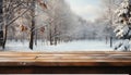 Snowy wooden table for product placement winter background with blurred forest. 16k super quality.