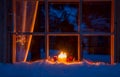 Snowy Wooden Window, Christmas Decoration and Candles Royalty Free Stock Photo