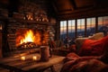A snug chalet setting with a toasty drink and crackling fireplace Royalty Free Stock Photo