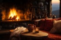 A snug chalet setting with a toasty drink and crackling fireplace Royalty Free Stock Photo