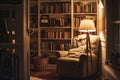 Snug reading space with an overstuffed armchair, lamp light, and shelves of books in a serene setting