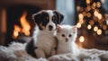 snuggly puppy and kitten duo wrapped in a fluffy blanket, with a backdrop of a warm fireplace