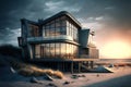 Modern house with panoramic windows in the beach, AI Generative