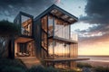 Modern house with panoramic windows in the beach, AI Generative