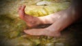 Soak your feet in cool water streams. Summer Sunny day and cold Mountain River Bathing Royalty Free Stock Photo