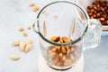 Soaked almonds in blender. Making vegan nut milk Royalty Free Stock Photo