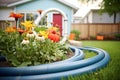 soaker hose winding through a flower bed Royalty Free Stock Photo