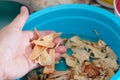 Soaking wild mushroom in a basin