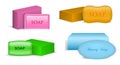 realistic soap bars different color and shape with foam and bubbles,illustration bath soap. Royalty Free Stock Photo