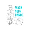 Soap bar and dispenser with liquid detergent, retro hand drawn vector illustration.