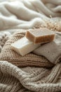 Soap Bar Resting on Blue Blanket