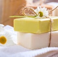 Soap bars chamomile, closeup view. Natural herbal beauty products Royalty Free Stock Photo