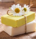 Soap bars chamomile, closeup view. Natural herbal beauty products Royalty Free Stock Photo