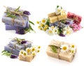 Soap bars with fresh lavender, jasmine and chamomile flowers