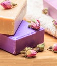 Soap bars rose closeup view. Natural herbal beauty products