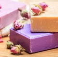 Soap bars rose closeup view. Natural herbal beauty products