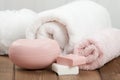 Soap Bars, Towels, Wisps. Body Care Kit. Royalty Free Stock Photo