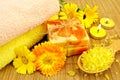 Soap and bath salt with calendula Royalty Free Stock Photo