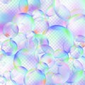 Soap bubble background with transparency in realistic style. Rainbow sphere wallpaper. Vector