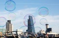 Soap bubble on City of London background as a metaphor for investment bubble Royalty Free Stock Photo
