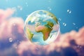 Soap bubble Earth floating in the air. Earth Day, save the planet concept. Ecology and sustainability, fragile world, saving the Royalty Free Stock Photo