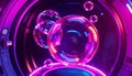 Soap bubble shapes rendered in chrome and neon textures, floating inside a retro space station, dark background, glowing light Royalty Free Stock Photo