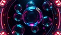 Soap bubble shapes rendered in chrome and neon textures, floating inside a retro space station, dark background, glowing light Royalty Free Stock Photo