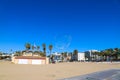 A soap bubble in the sky with gorgeous clear blue sky and hotels and restaurants on the pier at Santa Monica Beach