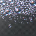 Soap bubble on transparent background. Realistic colorful 3D bubbles, rainbow clear shampoo falling ball. Vector