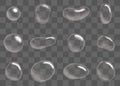 Soap bubble and water drops set. Different shapes transparent bubbles with glares, highlights and gradient. Vector Royalty Free Stock Photo